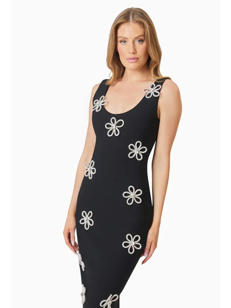 Women Celebrity Sexy Tank Sleeveless Diamonds Black Ankle Length Bodycon Bandage Dress 2025 Elegant Evening Club Party Outfit