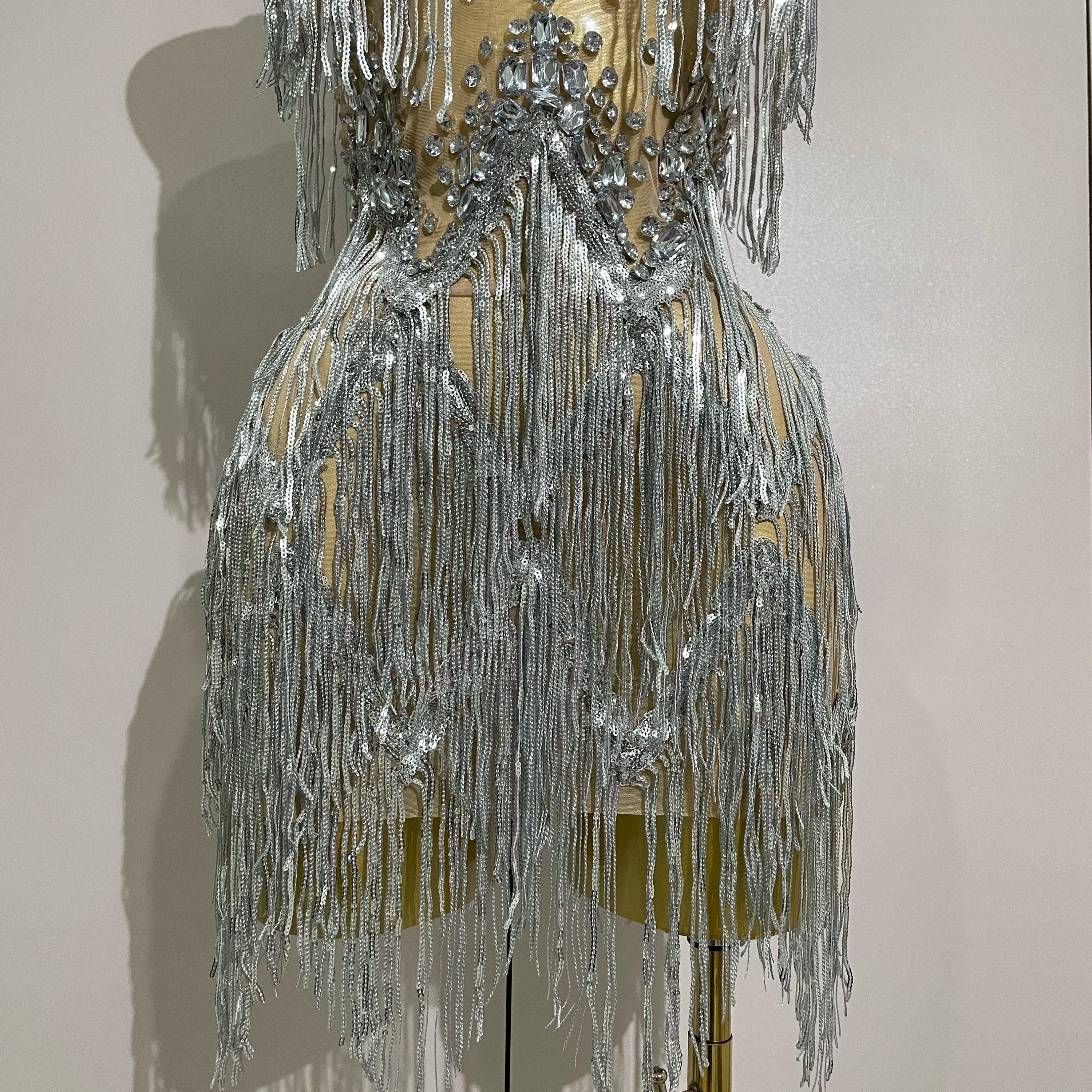 Sparkly Rhinestone Tassels Sexy Mesh Mini Dress 2025 Women Evening Birthday Party Dresses Nightclub Performance Stage Costume