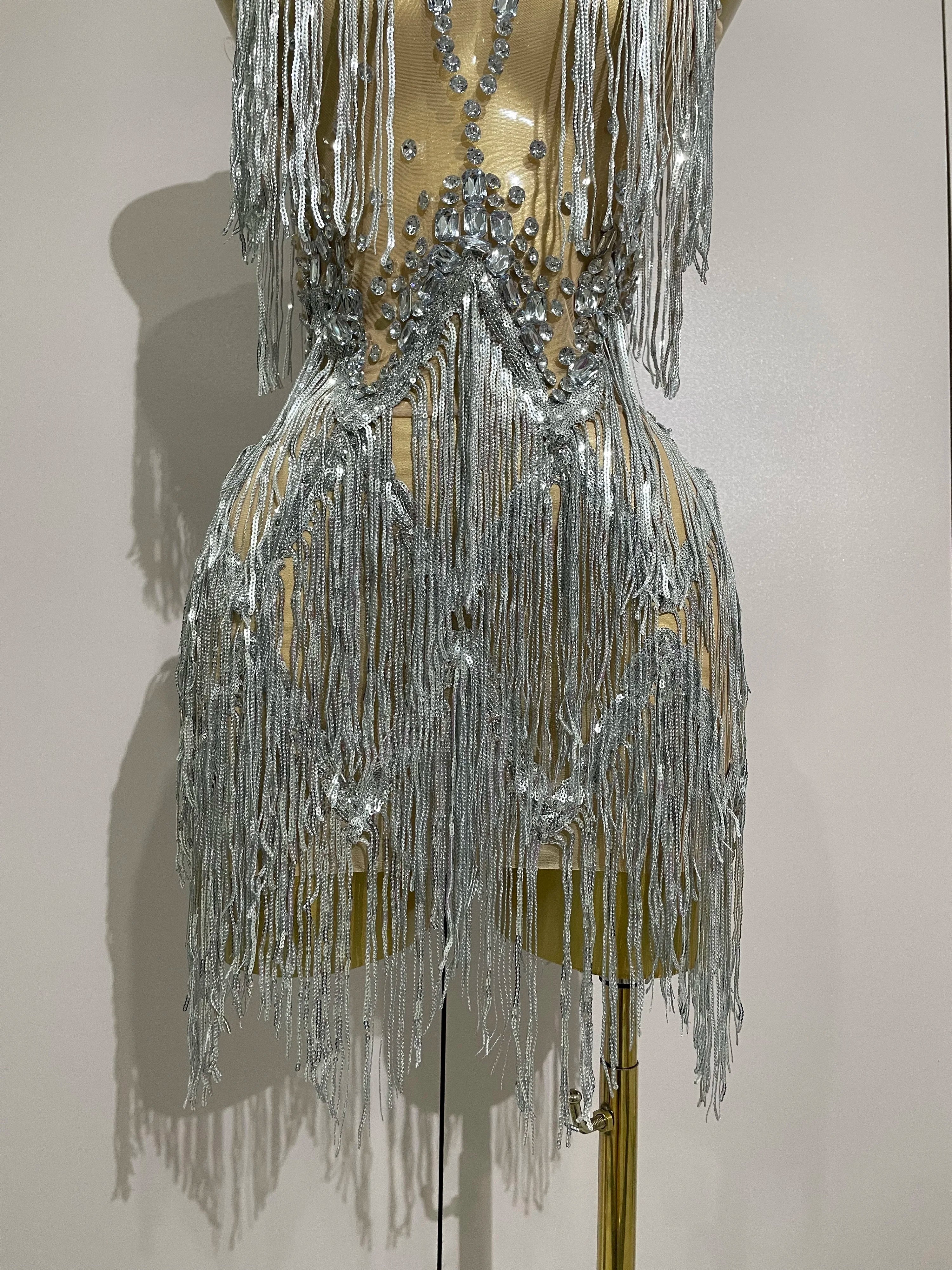 Sparkly Rhinestone Tassels Sexy Mesh Mini Dress 2025 Women Evening Birthday Party Dresses Nightclub Performance Stage Costume