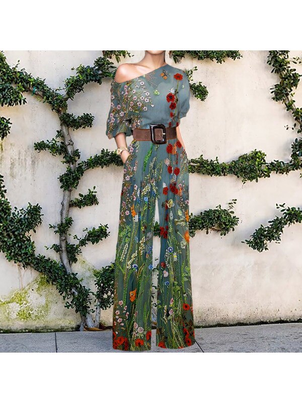 Print Jumpsuit Women Autumn and Spring 2024 New Fashion Long Sleeve Lapel Loose Casual Elegance Green Jumpsuits Print 5 (No Belt)