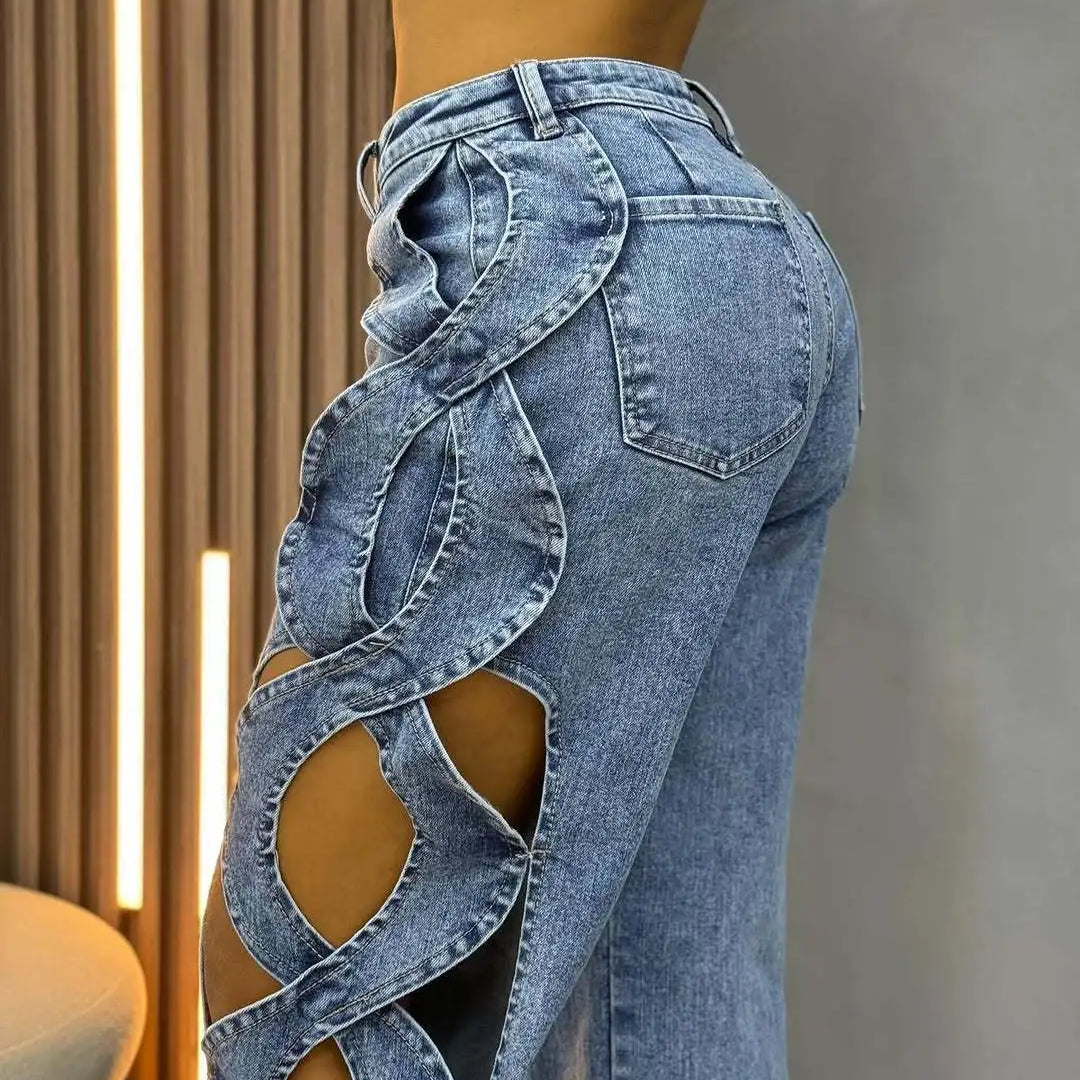 Women Streetwear Cutout Hollow Out Criss Cross Side Wide Leg Blue Denim Pants 2025 Fashion Sexy Party Jeans Trousers