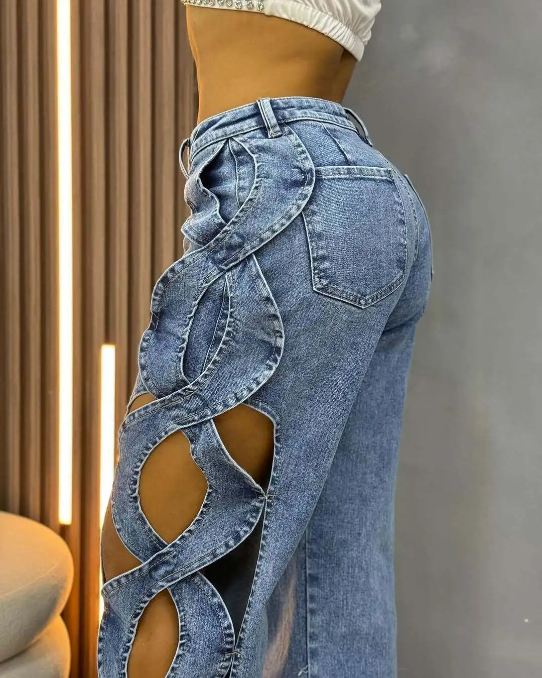 Women Streetwear Cutout Hollow Out Criss Cross Side Wide Leg Blue Denim Pants 2025 Fashion Sexy Party Jeans Trousers