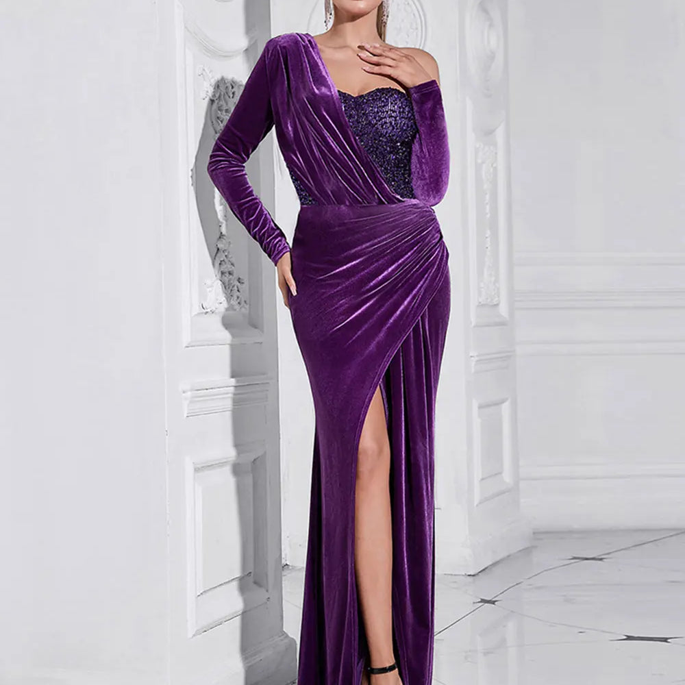 2024 Sexy Women Light Luxury Sparkle Velvet Dress with Diagonal Collar Long Sleeve Draped Bodycon Split Body Long Dress Vestidos