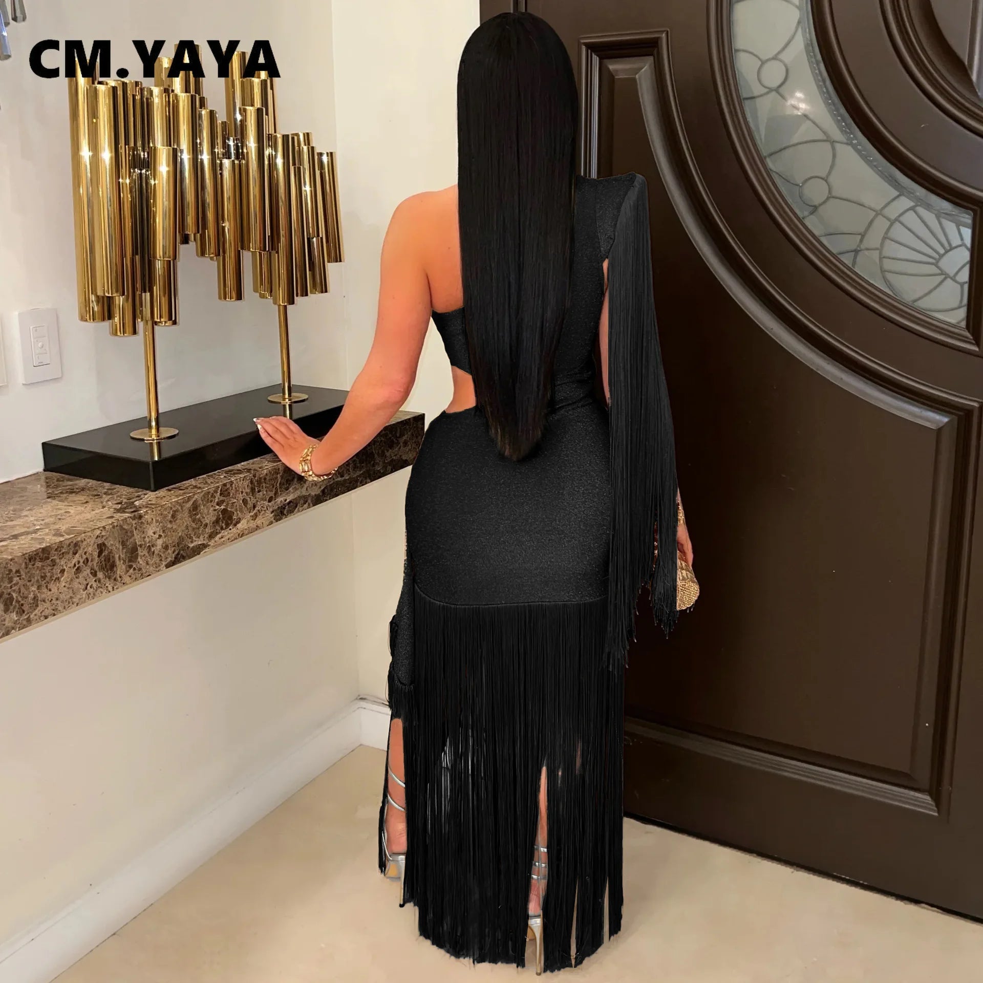 CM.YAYA Women One Shoulder Tassel Sleeveless Long Dress Diagonal Collar Summer Street Evening Sexy Night Party Dresses Vestidos
