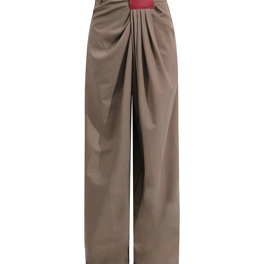 Fashion Casual Two Piece Sets for Women Lapel Long Sleeves Patchwork Zipper Top High Waist Wide Leg Pant Set Female GREYBROWN