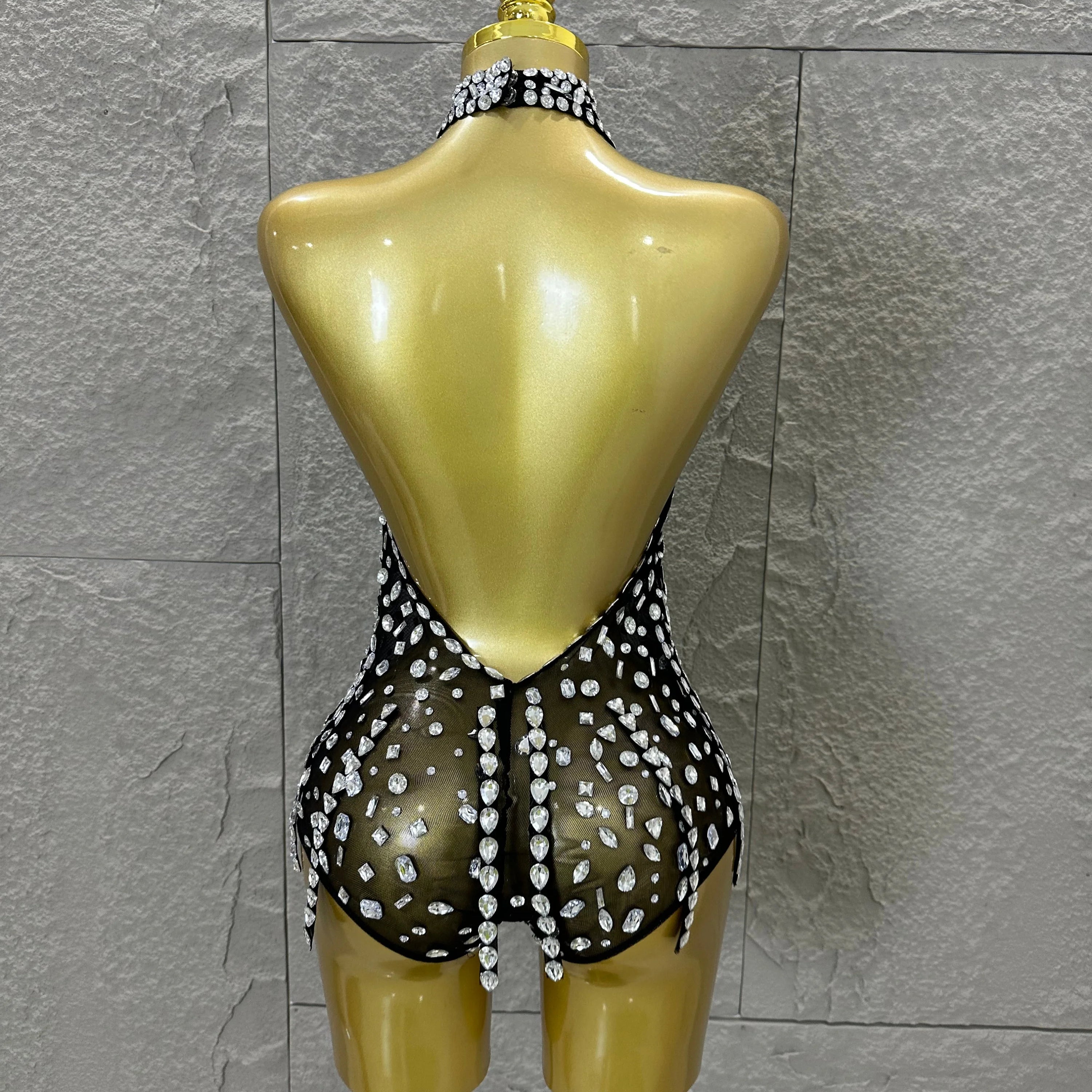 Pink Nude Sleeveless Bodysuit Women Sheer Mesh Crystal Rhinestone Embellished Formal Event Performance Costume
