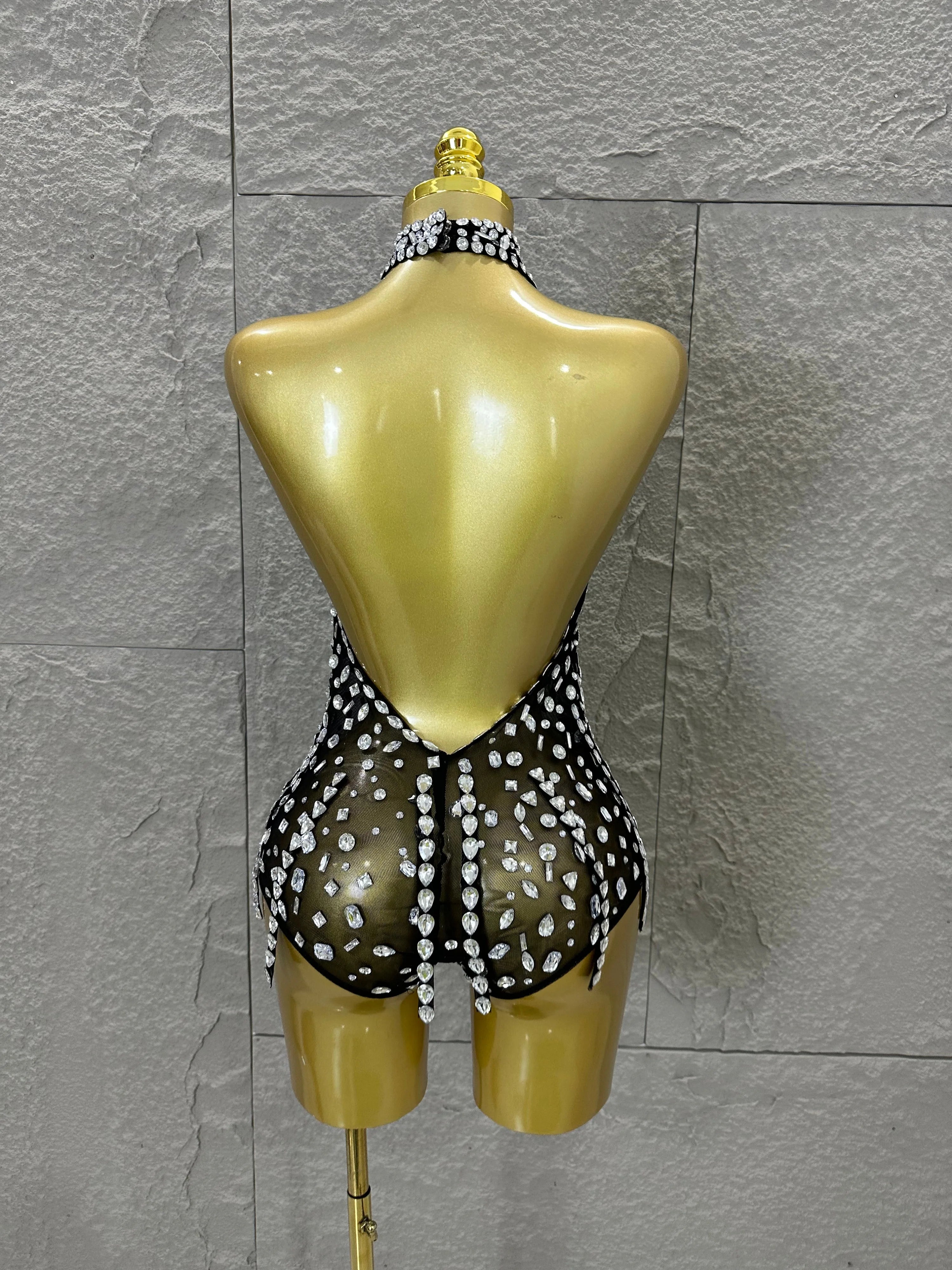 Pink Nude Sleeveless Bodysuit Women Sheer Mesh Crystal Rhinestone Embellished Formal Event Performance Costume