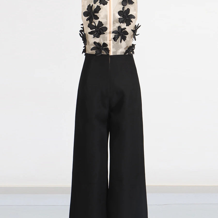 Solid Slimming Spliced Appliques Jumpsuits for Women V Neck Sleeveless High Waist Elegant Jumpsuit Female Fashion