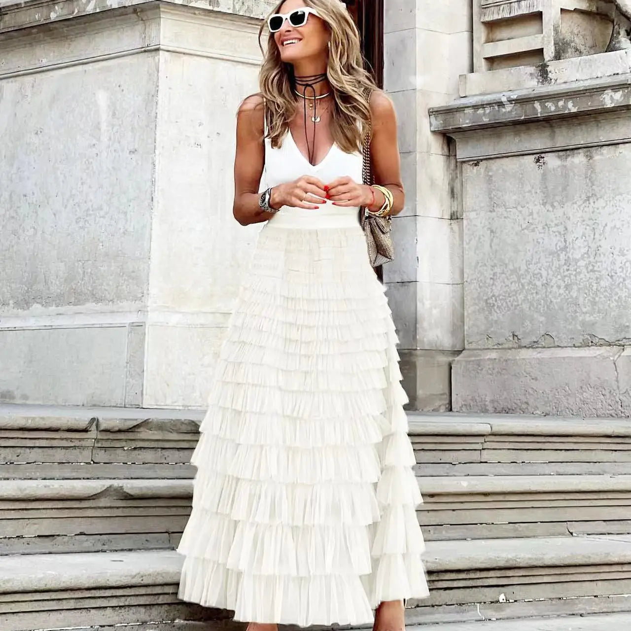 New Casual Womens Solid Ball Gown Long Skirt Tulle High Waist Pleated Elegant Ladies Wild Mesh Dating Maxi Skirts Drop White LYQ258