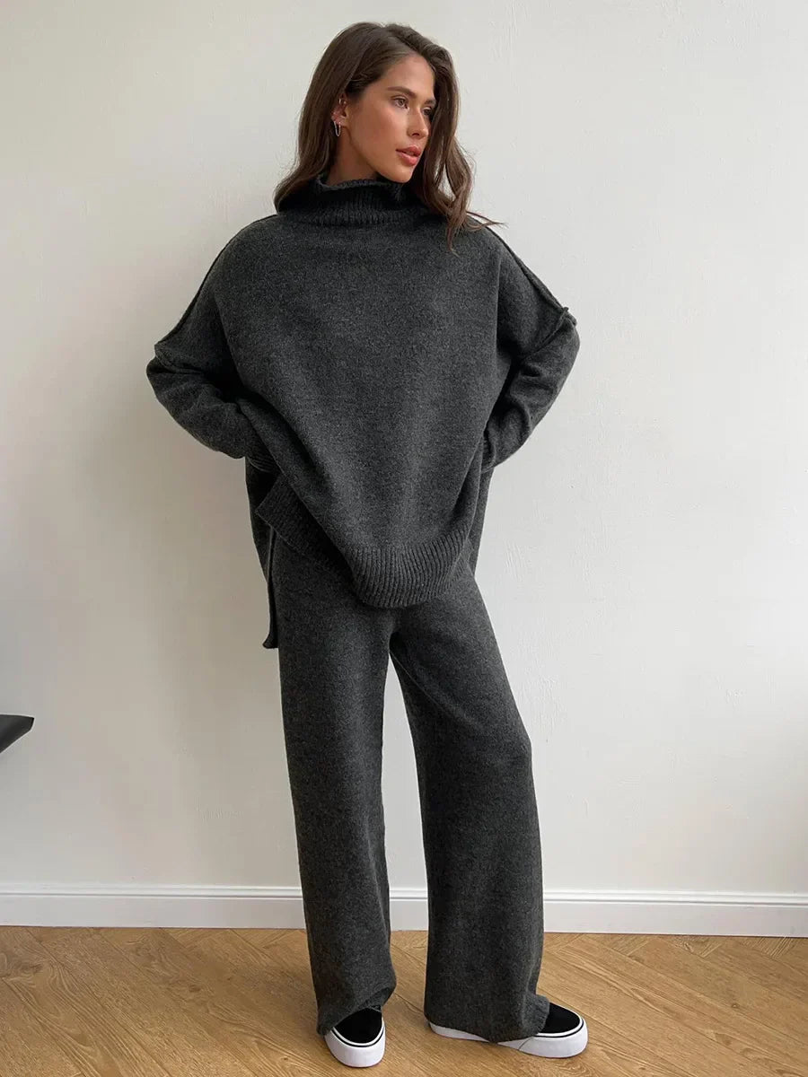 2025 turtleneck sweater set women's European, American autumn and winter new loose casual lazy thickened knitted trousers set Dark Gray