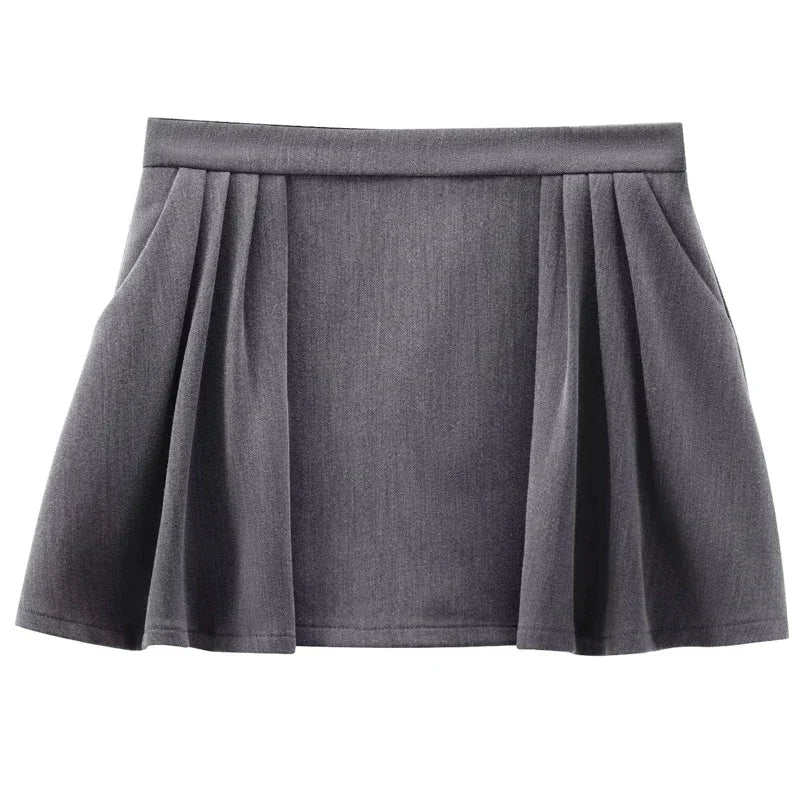 TRAF Women's Shorts Spring Summer Mini Pleated Culotte Grey High Waist Short Skirt Korean Style Culotte Casual Cargo Short Lady Dark Grey
