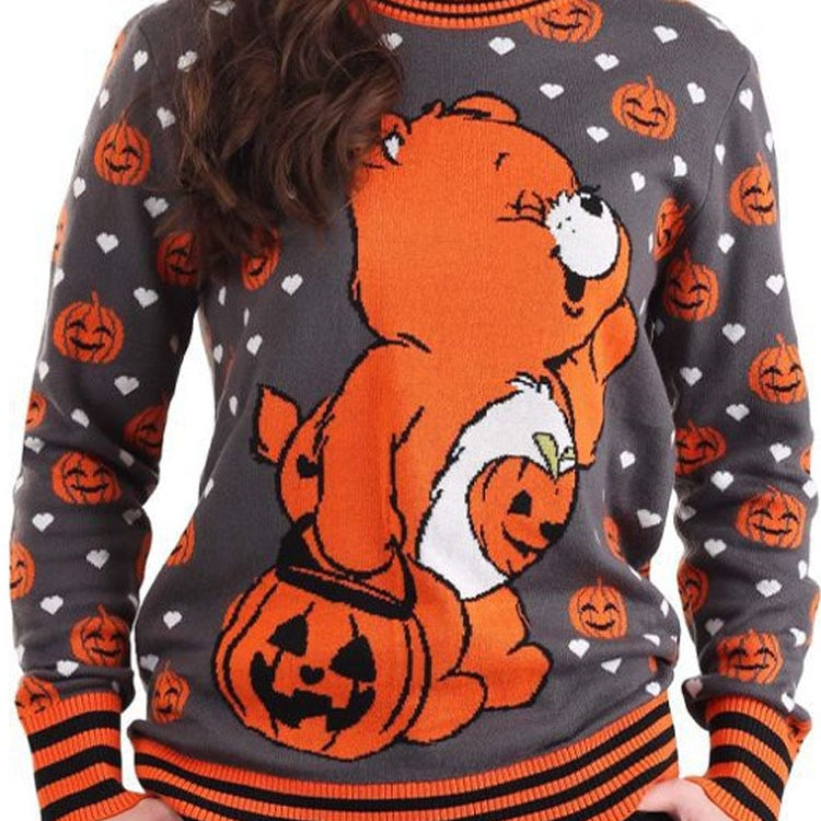 Sweater Women Halloween Pumpkin Knitted Jacquard Autumn Winter Warm Long Sleeve Sweaters 2022 New Fashion Loose Pullover Vintage Lead color