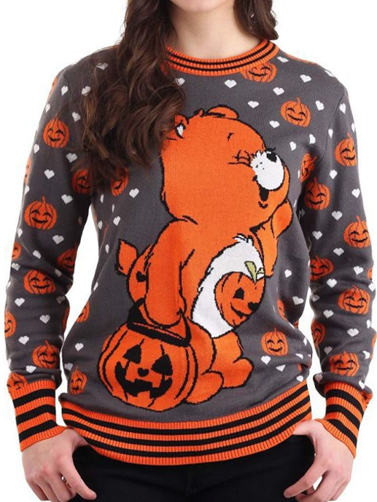 Sweater Women Halloween Pumpkin Knitted Jacquard Autumn Winter Warm Long Sleeve Sweaters 2022 New Fashion Loose Pullover Vintage