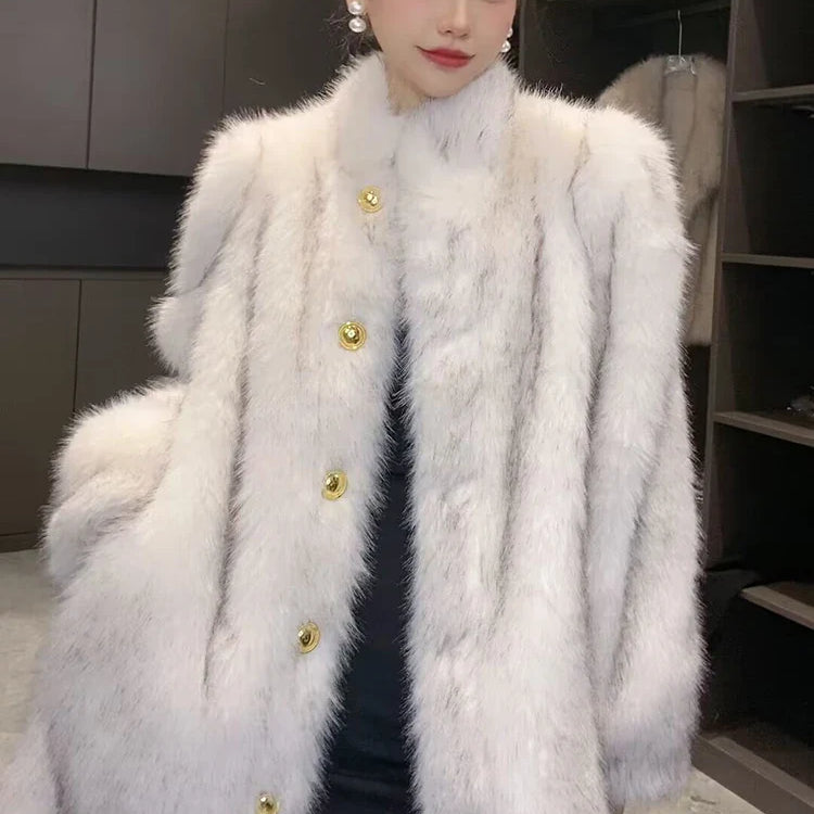 Autumn Winter Long Thick Warm Hairy Soft Faux Fox Fur Coat Women Stand Collar Elegant Luxury Chic Fluffy Jacket 2024 White brown