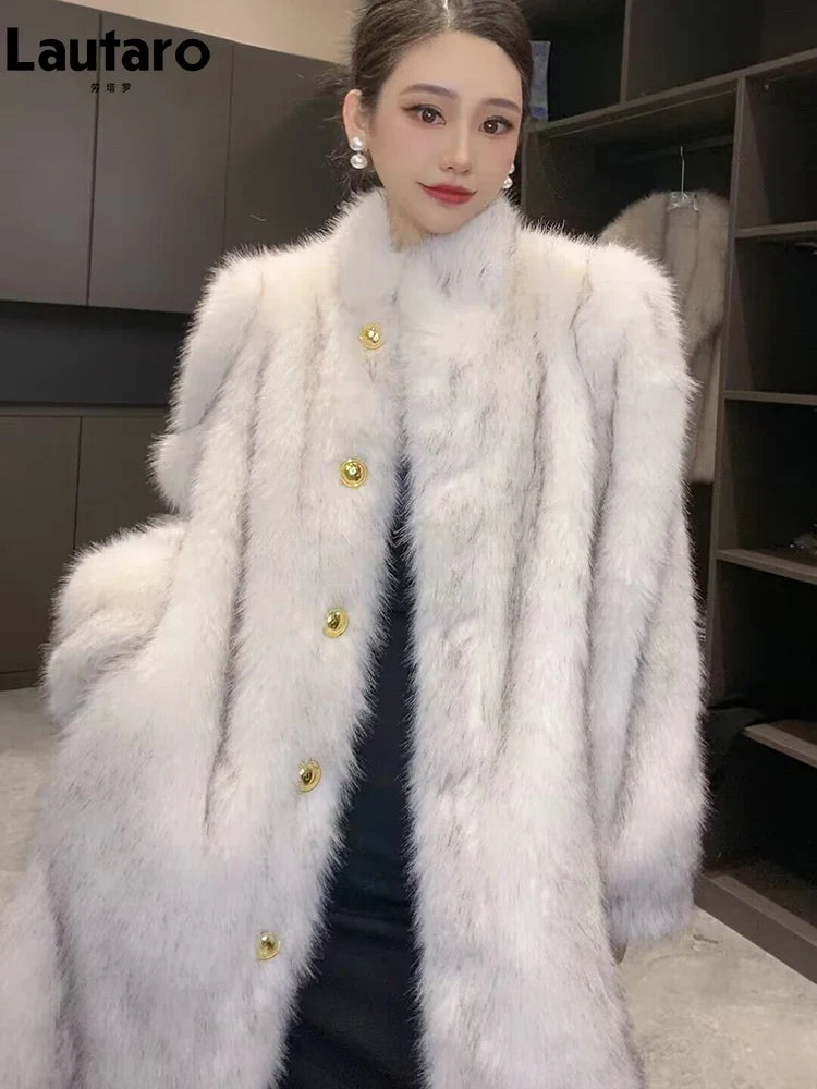 Autumn Winter Long Thick Warm Hairy Soft Faux Fox Fur Coat Women Stand Collar Elegant Luxury Chic Fluffy Jacket 2024 White brown