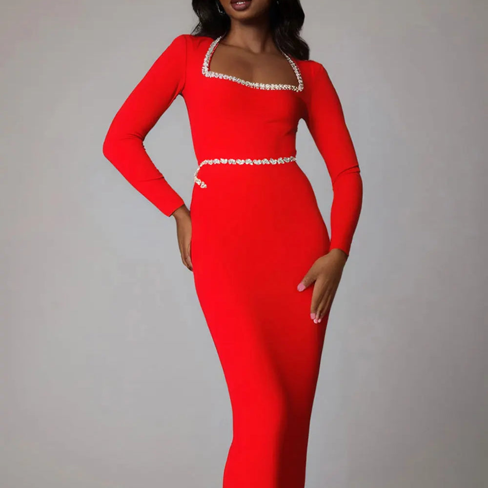 2024 Elegant Women Dress Light Luxury Diamond Design Bandage Dress Square Neck Long Sleeve Bodycon Christmas Red Dress Vestidos
