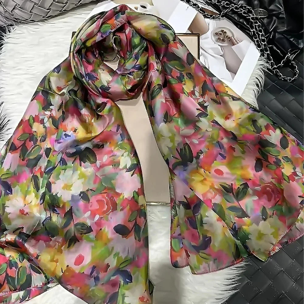 100% Mulberry Silk Scarf Shawl Brand Plum Bossom Design Blue Green Summer Beach Silk Shawls Scarfs Fall Winter Neck Head Scarf green pink floral