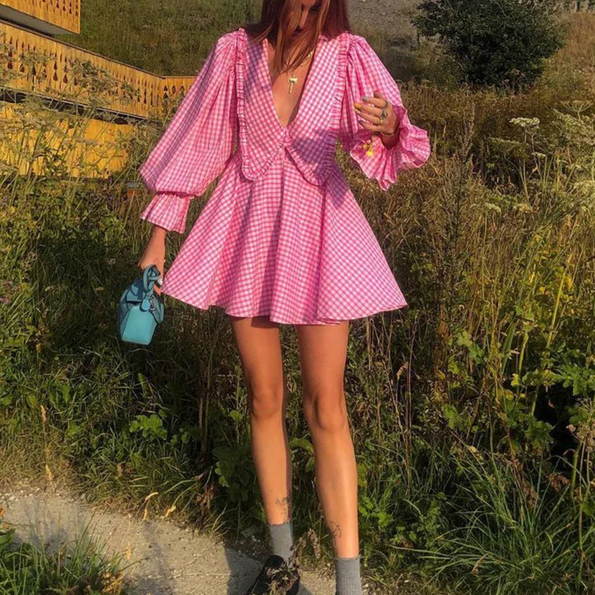 Clacive Sexy Deep V-Neck Print Women'S Dress Fashion Doll Collar Lantern Sleeve Mini Dresses Elegant Pink Pleated Female Dress