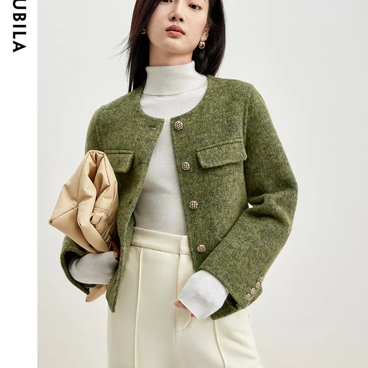 Winter Wool Blend Coats for Women Round Neck Long Sleeve Double-faced Woolen Cropped Jacket Elegant Outerwear Green