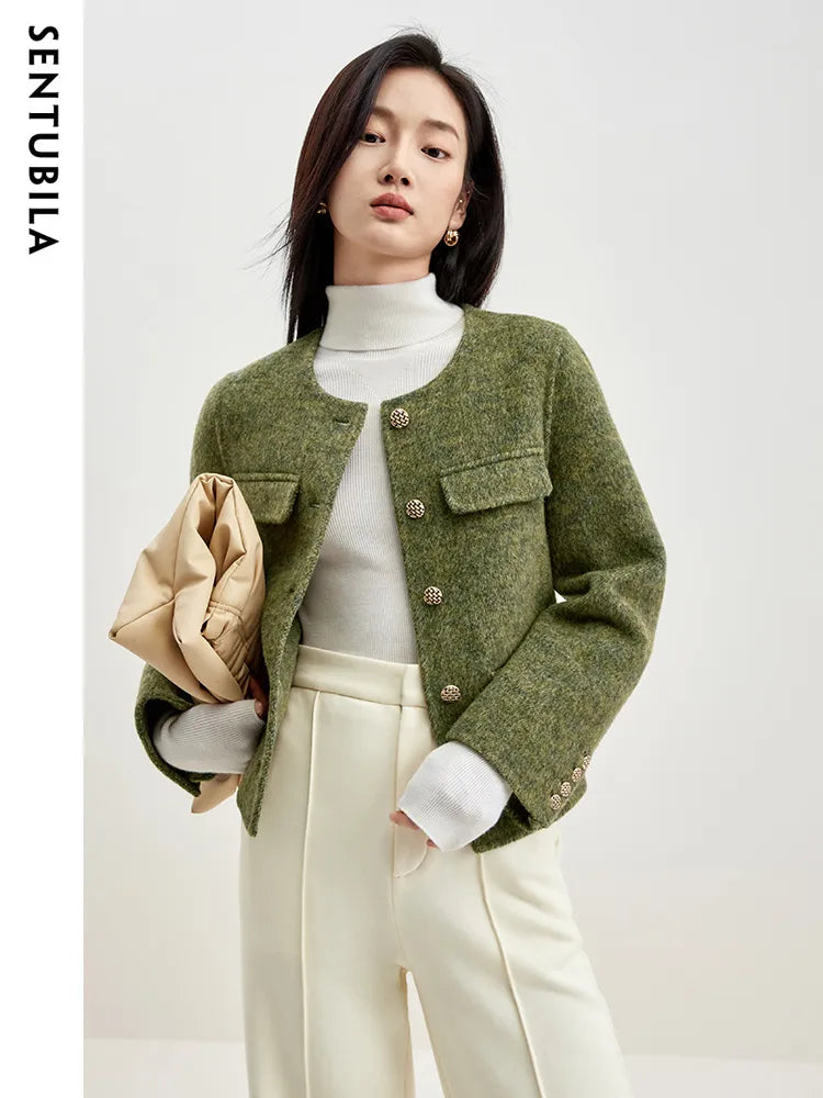 Winter Wool Blend Coats for Women Round Neck Long Sleeve Double-faced Woolen Cropped Jacket Elegant Outerwear Green