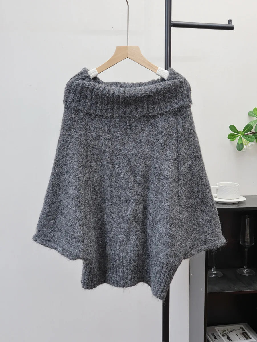 Autumn Winter New Off-Shoulder Design Thickened Cable Knit Cape Sweater Lazy Style Pullover For Women 11A07620 Gray One Size