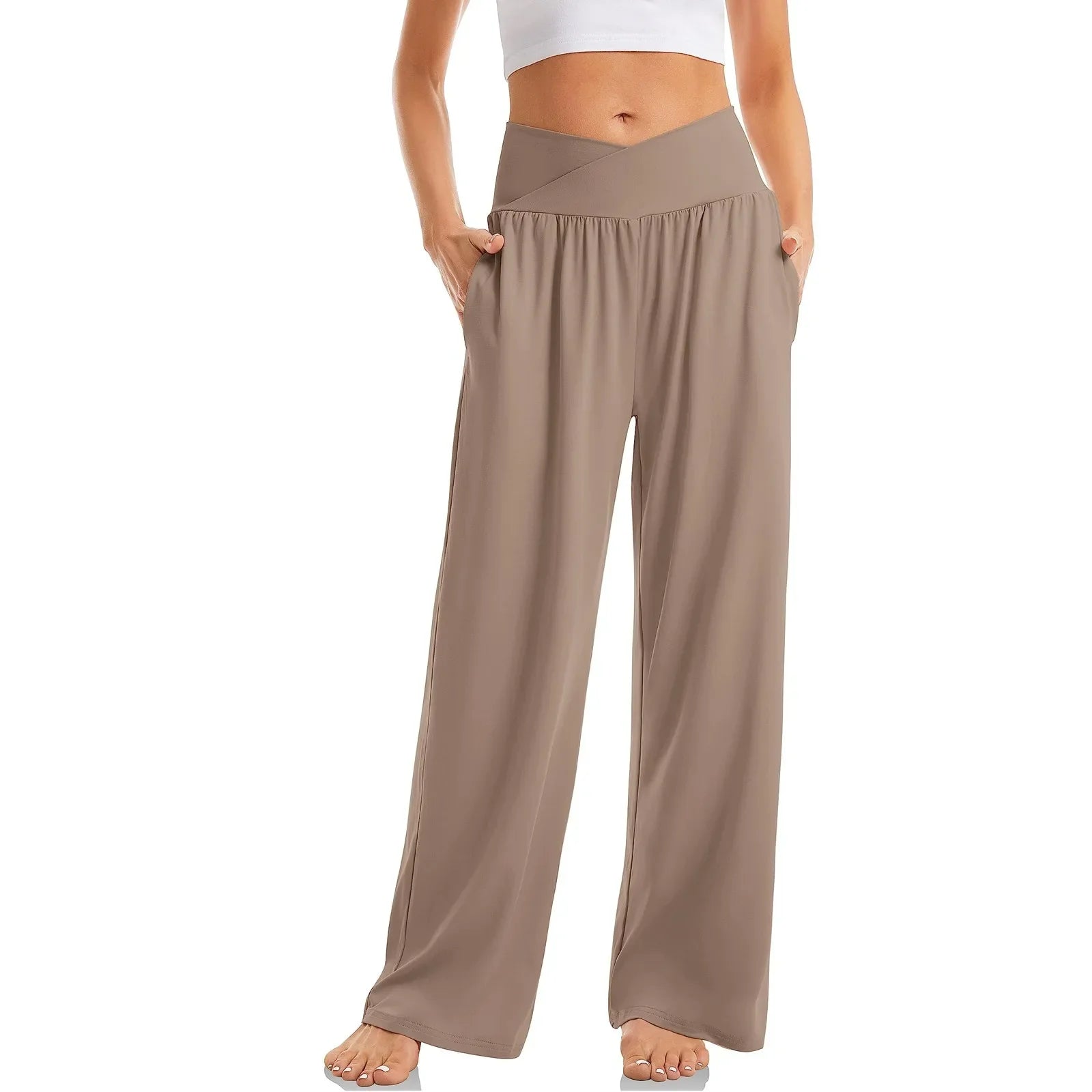Women's High Waist Solid Color Casual Trousers Wide Leg Sports Pants With Pockets Coffee