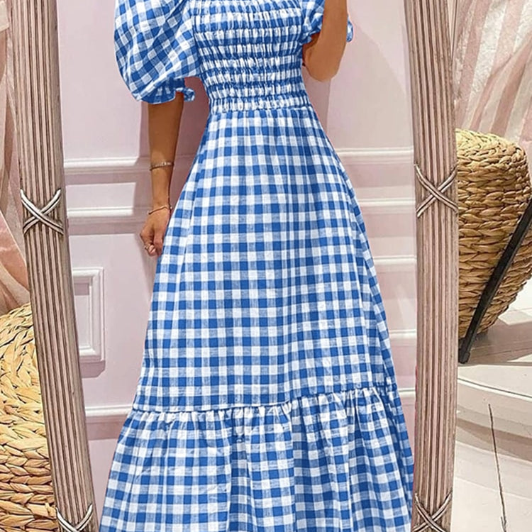 VONDA Summer Long Maxi Dress Women 2024 Casual Short Sleeve Square Collar Vintage Plaid Party Bohemian Vestidos Loose Sundress