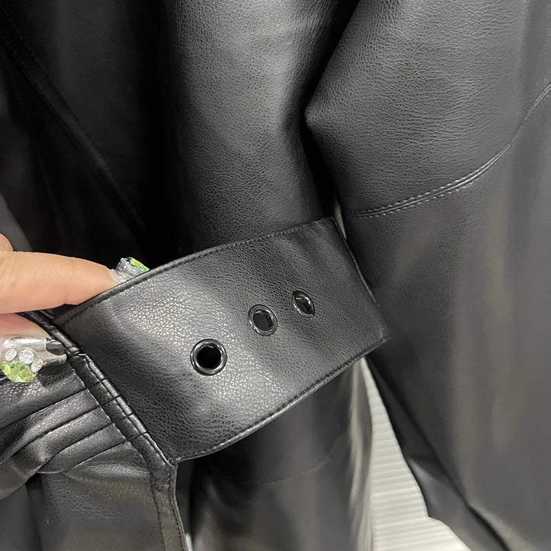 Autumn Winter New Style Loose Stand Collar Long Sleeve Leather Jacket For Women Belt Streetwear Casual Coat 11A07815