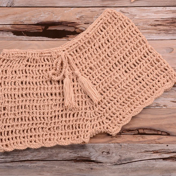 Crochet Hollow Out Tassel Beach Cover Up Sexy Women Mini Tops Beachwear Bikini Swimwear Bathing Suit Cover Up Khaki Bottom One Size