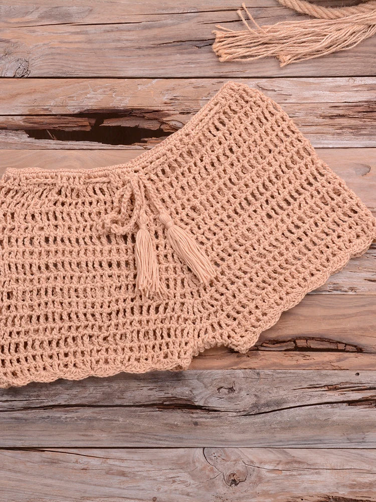 Crochet Hollow Out Tassel Beach Cover Up Sexy Women Mini Tops Beachwear Bikini Swimwear Bathing Suit Cover Up Khaki Bottom One Size