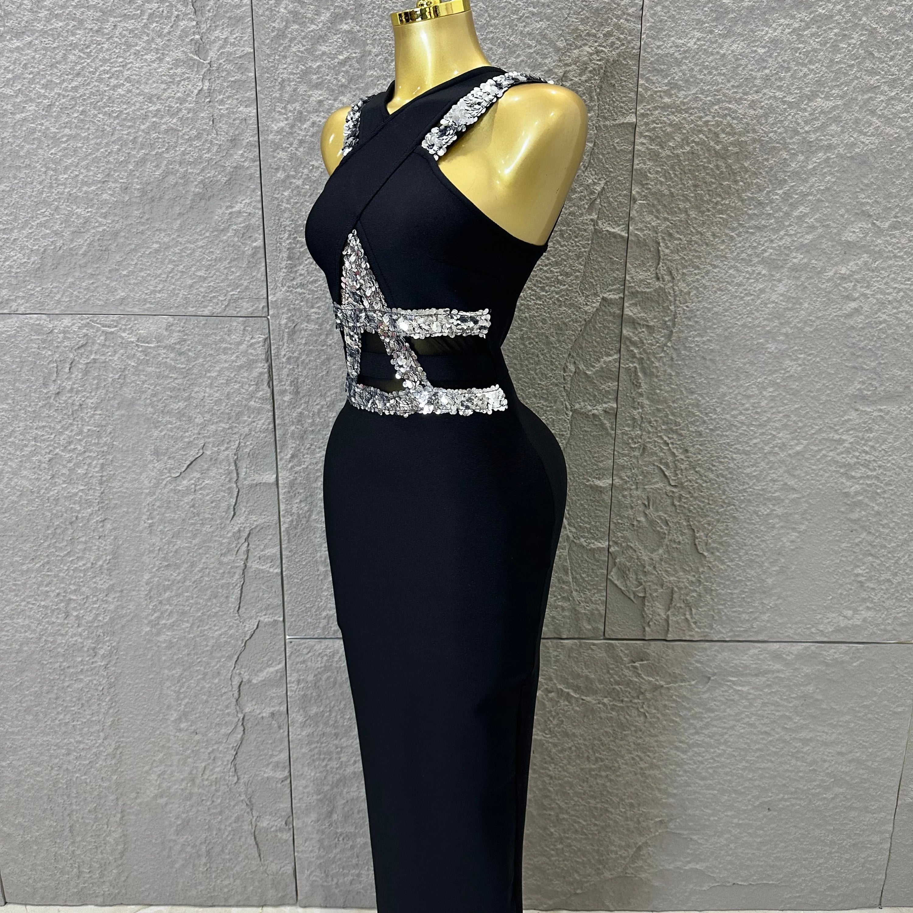 Elegant Black Halter Neck Maxi Dress Women Sexy Crisscross Crystal Embellished Sheer Mesh Cutout Waist Form-Fitting Outfit