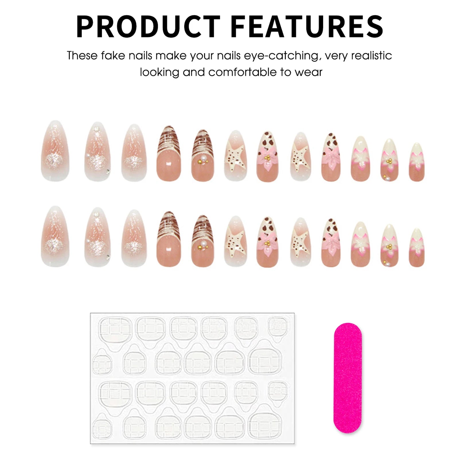 Blush Pink Almond Fake Nails 24Pcs Y2K Girls French Press On Nails Flower/Starfish Printed Full Cover Acrylic False Nails