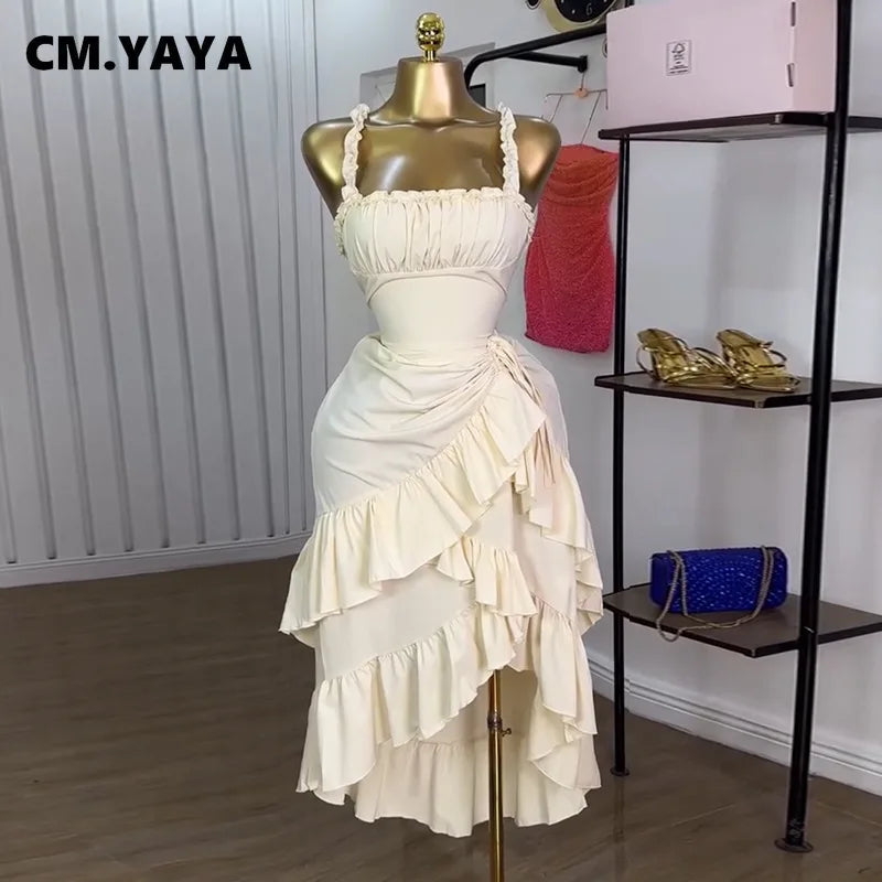 Women Strap Slash Neck Cascading Ruffles Drawstring Ruched Up Long Maxi Dress 2025 Birthday Evening Sexy Dresses Vestido