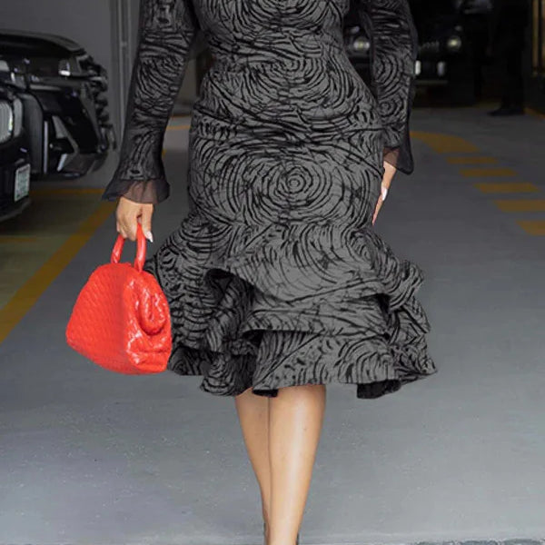 Women Long Sleeve mesh O-neck mult Ruffles Bodycon Midi Dress 2025 Africa OL Work Evening Sexy Party Dresses Vestidos