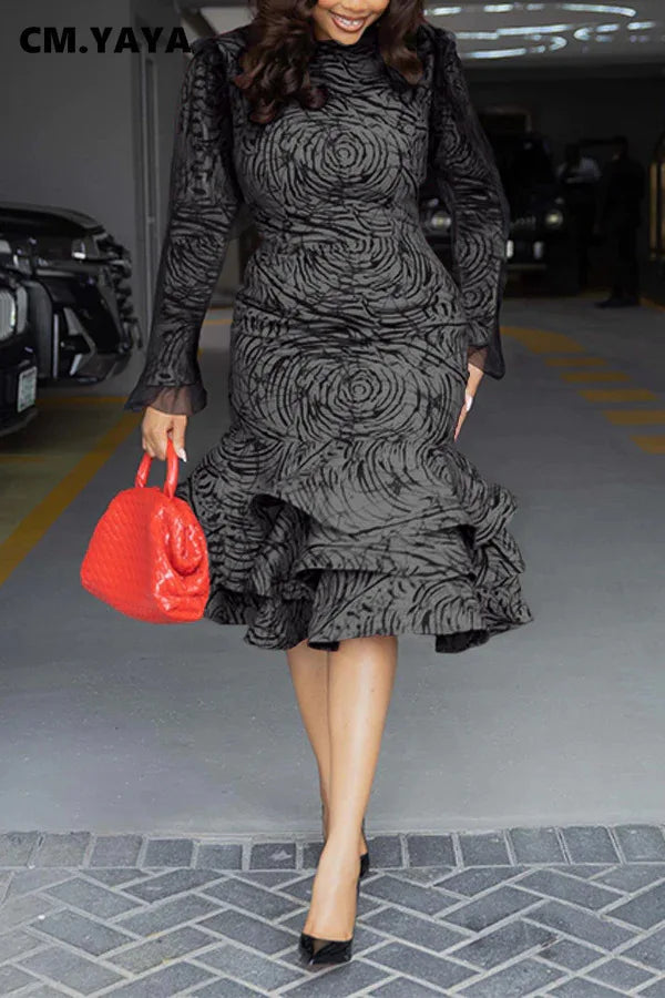 Women Long Sleeve mesh O-neck mult Ruffles Bodycon Midi Dress 2025 Africa OL Work Evening Sexy Party Dresses Vestidos