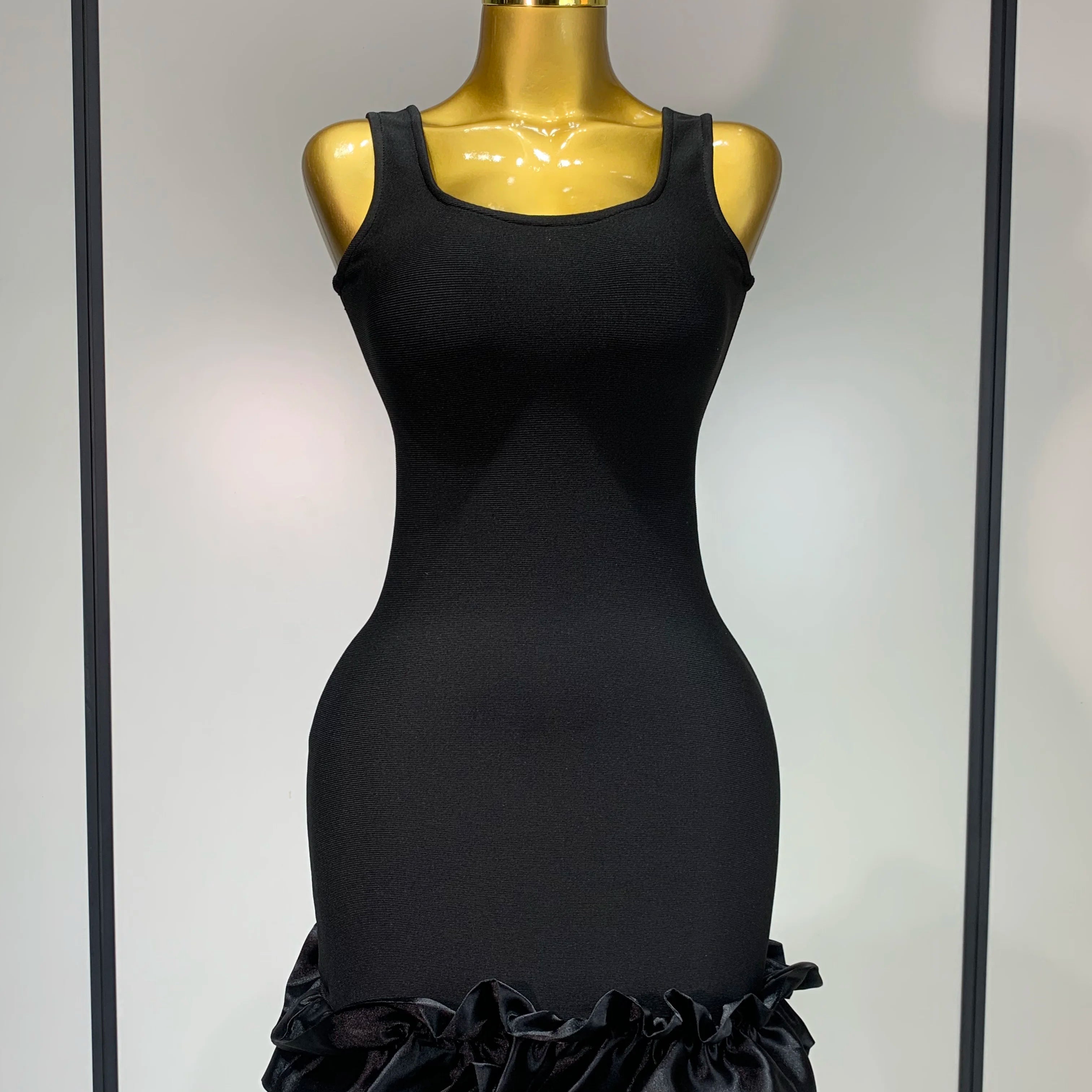 Women Spaghetti Strap Bodycon Short Dress Black Pleated Ruffle Hem Sleeveless Evening Party Cocktail Elegant Birthday Dresses black