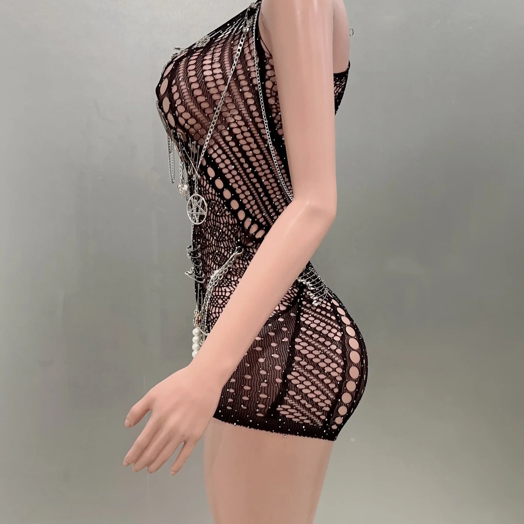 Celebrity Fashion Nightclub Party Birthday Wear Women Sexy Mesh See Through Bodycon Beading Playsuit Performance Costume