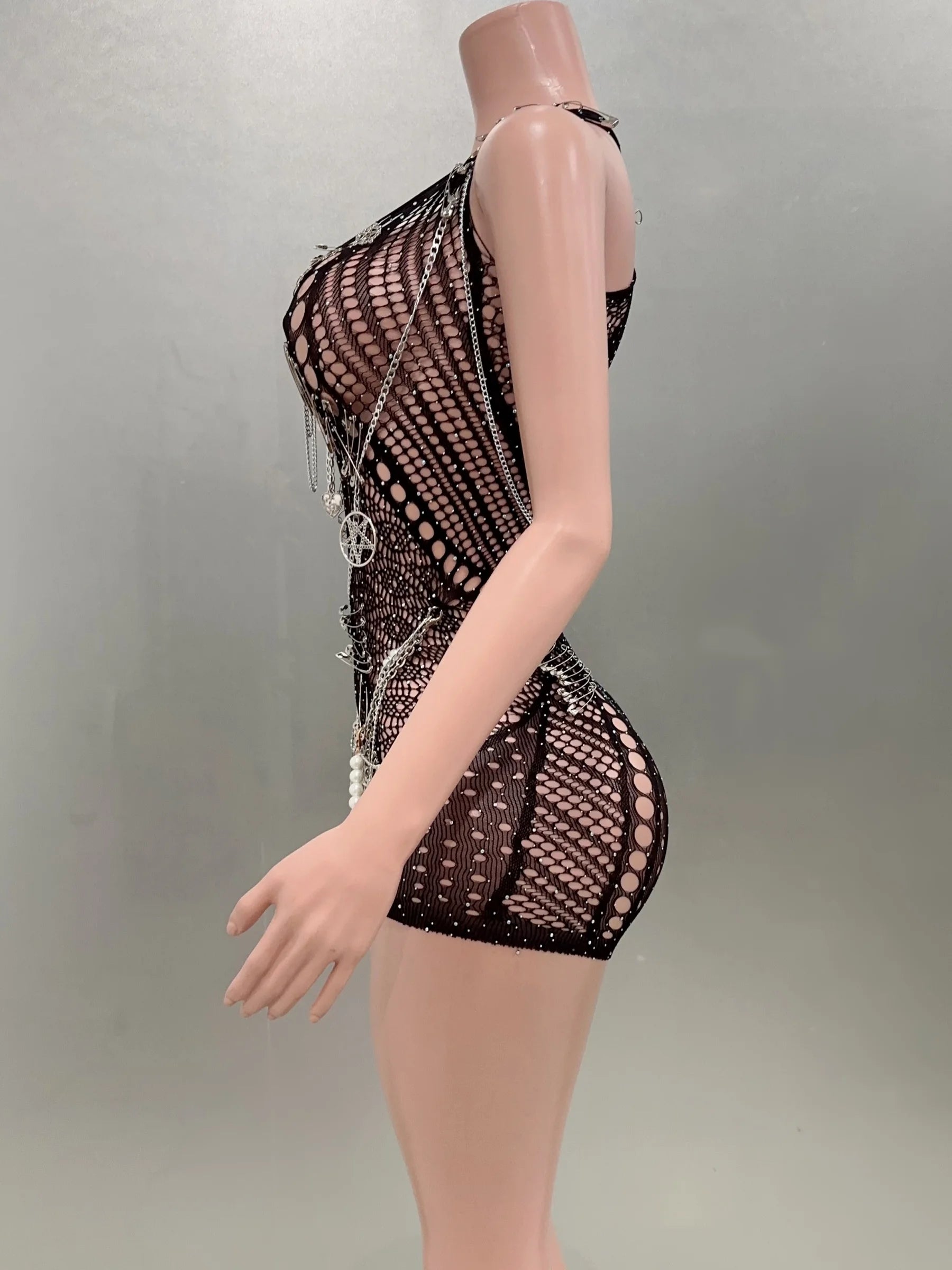 Celebrity Fashion Nightclub Party Birthday Wear Women Sexy Mesh See Through Bodycon Beading Playsuit Performance Costume