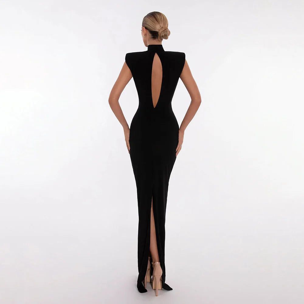 Women Sleeveless Sexy O-Neck Big Crystal Keyholes Bodycon Bandage Long Dress Fashion Celebrate Evening Party Outfit