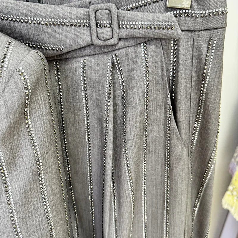 Solid Two Piece Set for Women Notched Neck Long Sleeves Patchwork Stripe Blazers High Waist Pant Sets Female New