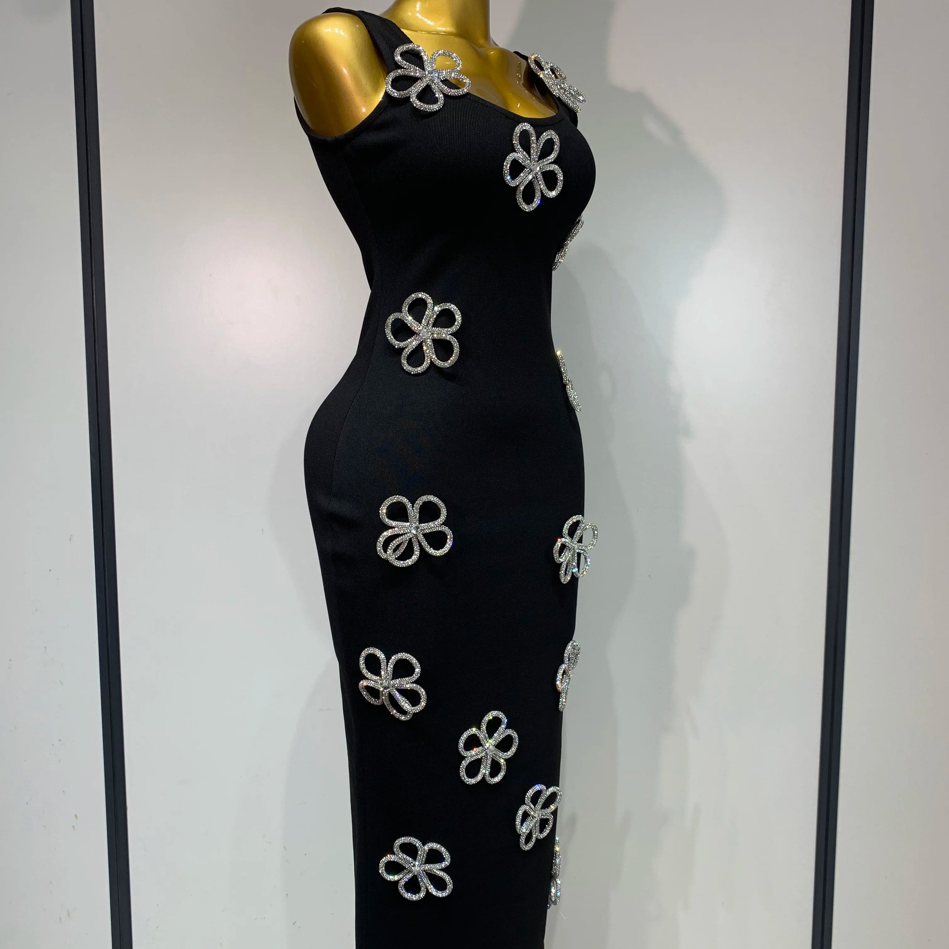 Women Celebrity Sexy Diamonds Flower Black Long Bodycon Bandage Dress 2025 Elegant Evening Club Party Luxury Birthday Dresses