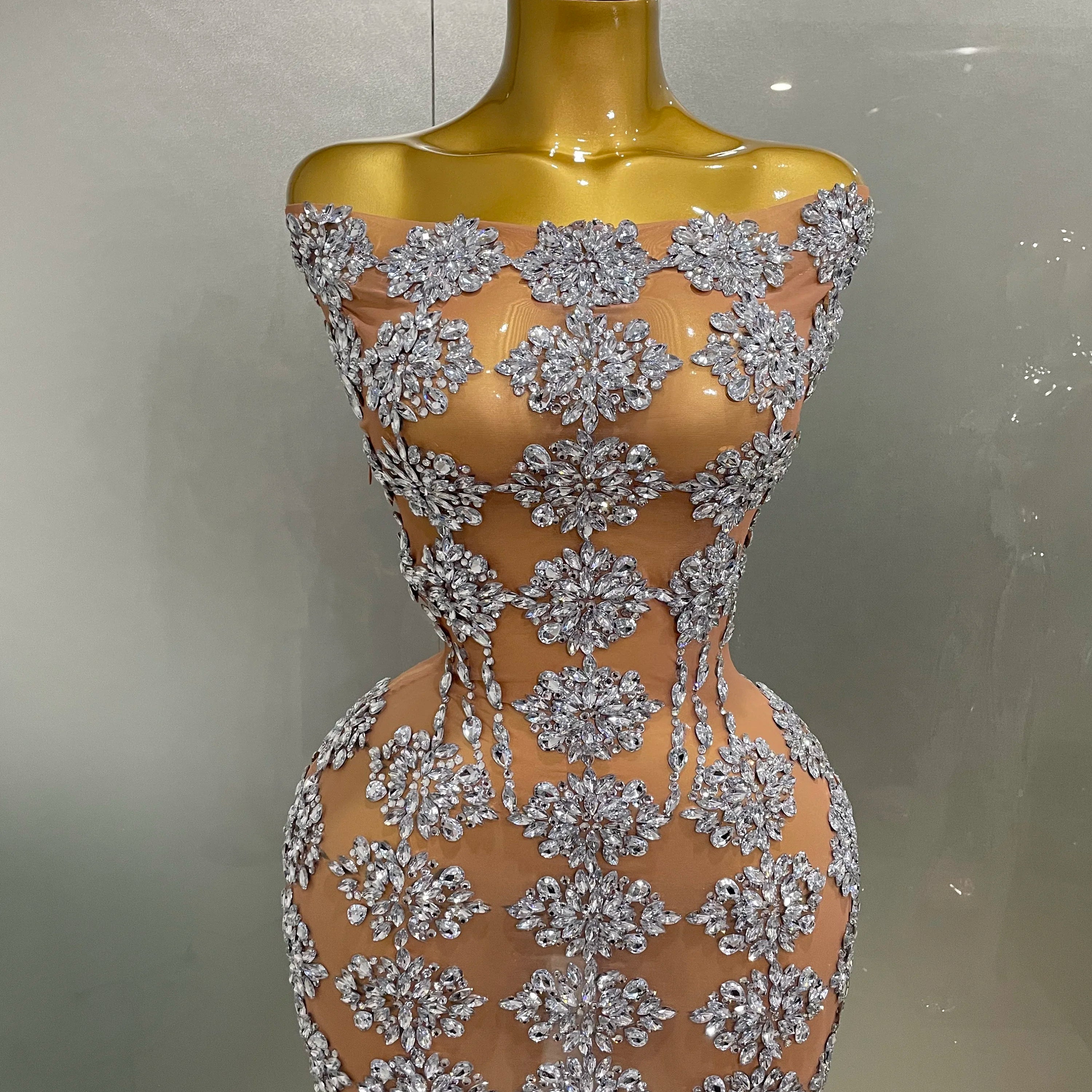 Luxury Sparkly Rhinestone Mesh Mini Dress 2025Women Sexy Nightclub Party Dance Performance Costume Singer Dancer Show Stage Wear Silver