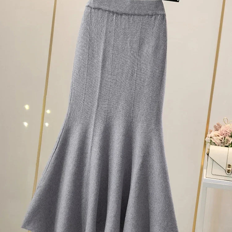 Women's Skirts Autumn Winter Fashion Knitted Long Skirts for Women Green Vintage Slim Korean Style A-LINE Fishtail Skirt GRAY One Size
