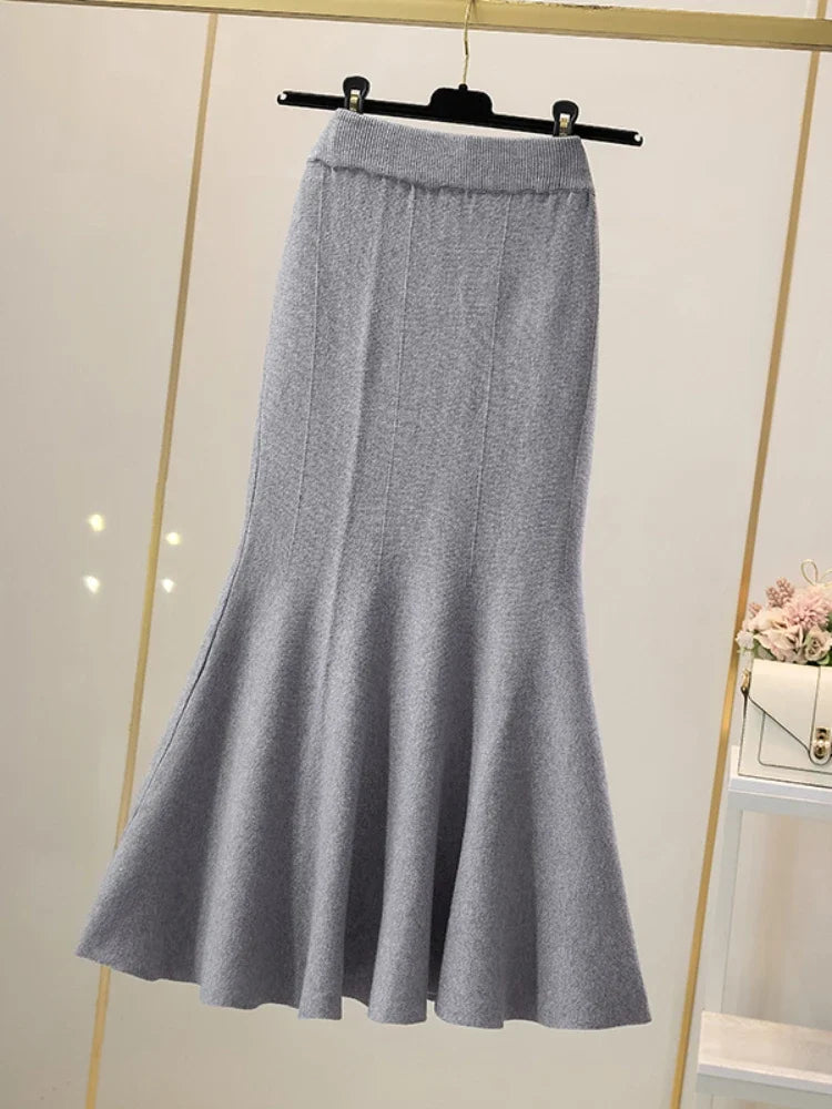 Women's Skirts Autumn Winter Fashion Knitted Long Skirts for Women Green Vintage Slim Korean Style A-LINE Fishtail Skirt GRAY One Size