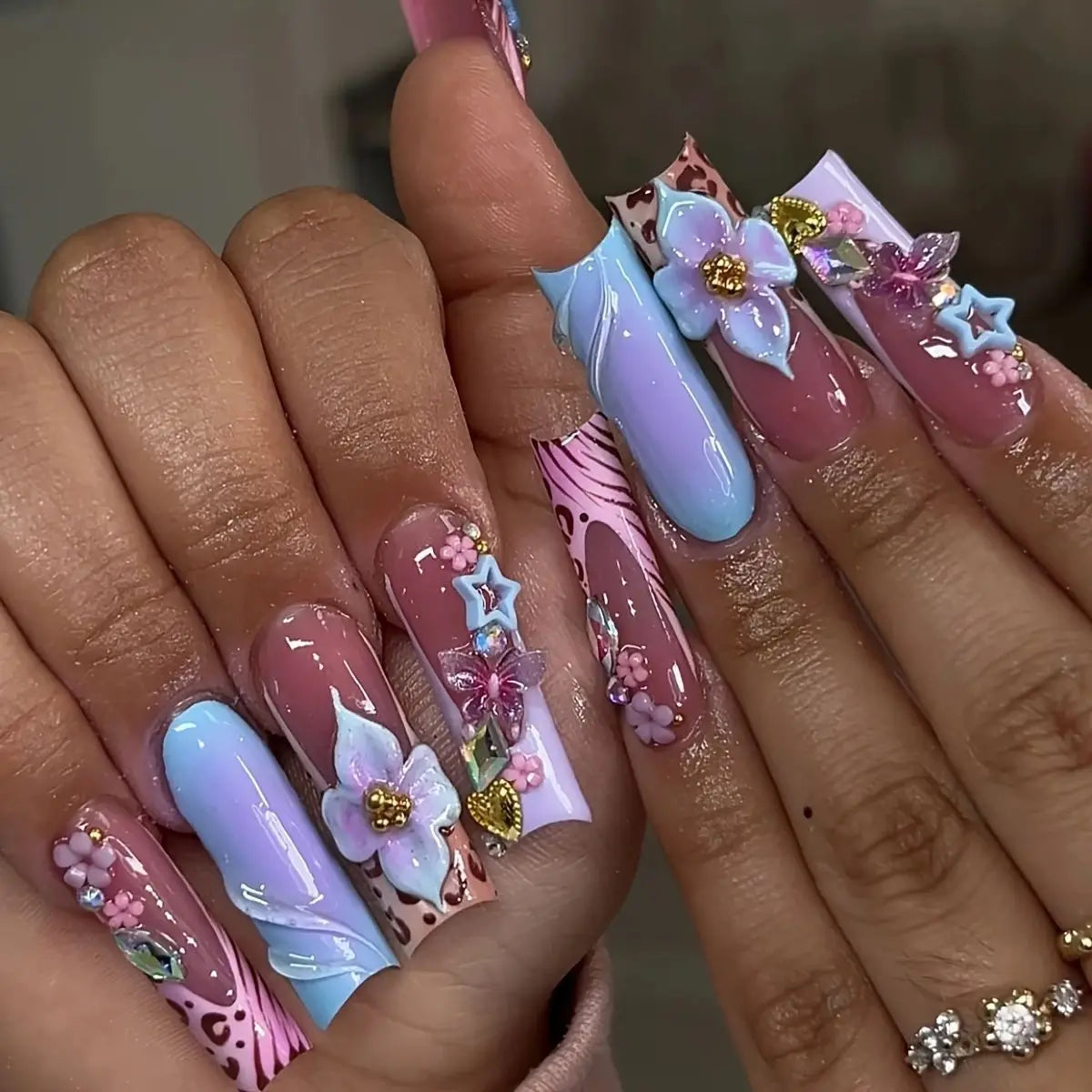 24Pcs Red Smudge French Full Cover Nails Tips Art Long Square Head Fake Nails 3D Flower Rhinestone Wearable Press on False Nails AS61