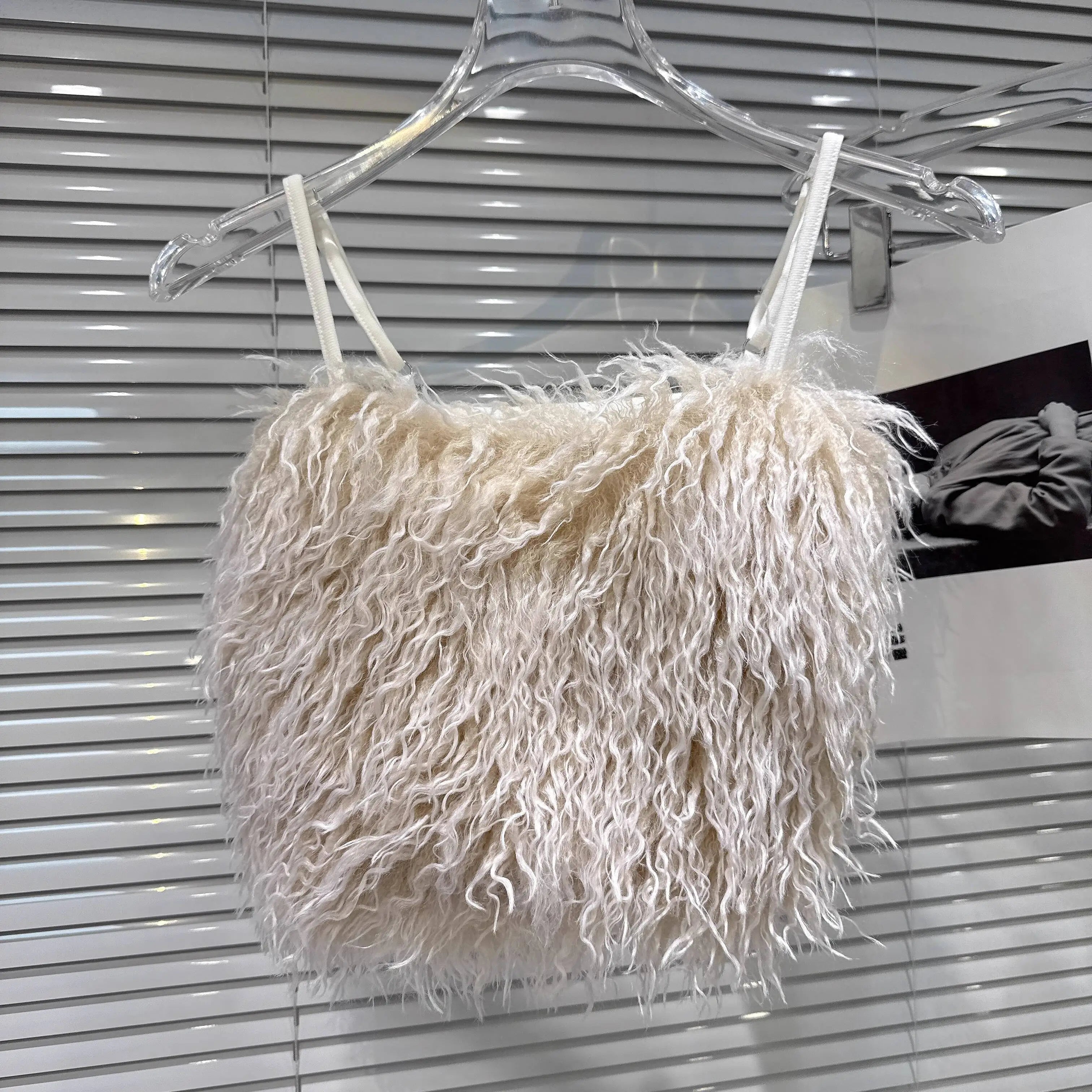 Winter New Sweet Temperament Faux Wool Adjustable Strap Camisole For Women Backless Tank Top Female 11A07775 Creamy-white One Size