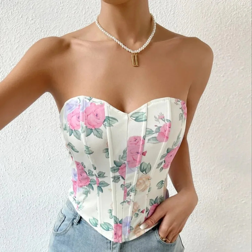 Women's Sexy Blended Camis Hot Sweet Print Solid Chest Wrap Elegant Irregulariity Floral Crop Top Holiday Single Breasted Tunics