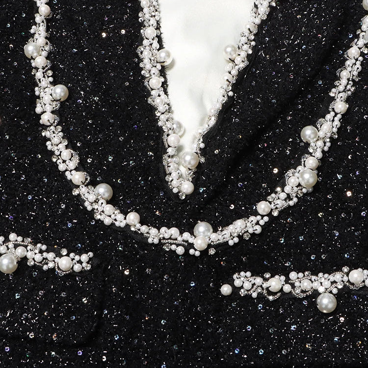 Colorblock Patchwork Sequins Dress For Women Lapel Long Sleeve High Waist Spliced Pearls Elegant Dresses Female New