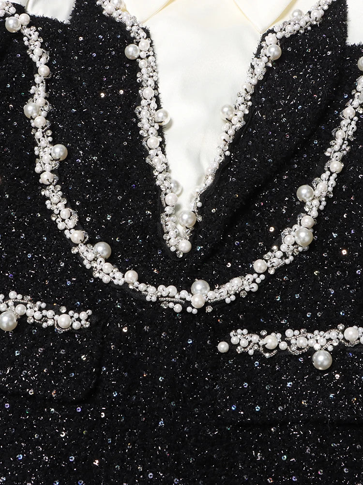 Colorblock Patchwork Sequins Dress For Women Lapel Long Sleeve High Waist Spliced Pearls Elegant Dresses Female New