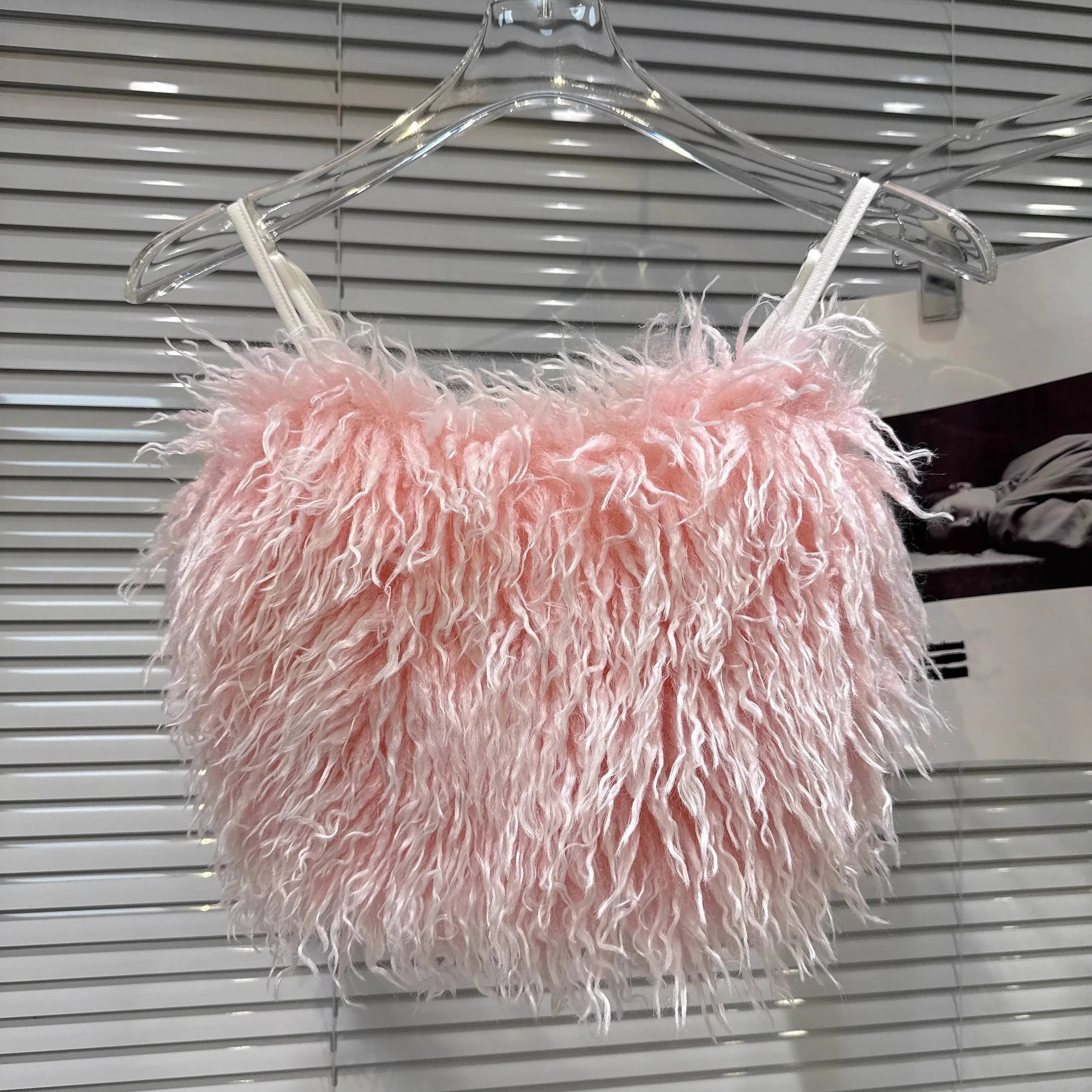 Winter New Sweet Temperament Faux Wool Adjustable Strap Camisole For Women Backless Tank Top Female 11A07775 Pink One Size